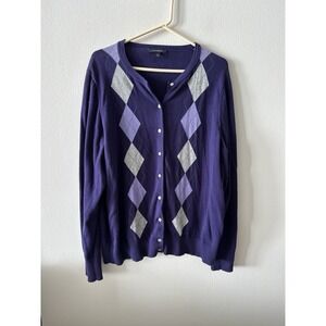 Land's End Argyle Purple Button Down Sweater Cardigan 100% Cotton Size 1X Plus